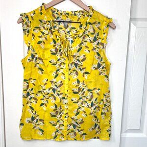 Old Navy Sleeveless Lightweight Button Up Yellow Floral Ruffle Sleeve Blouse NWT